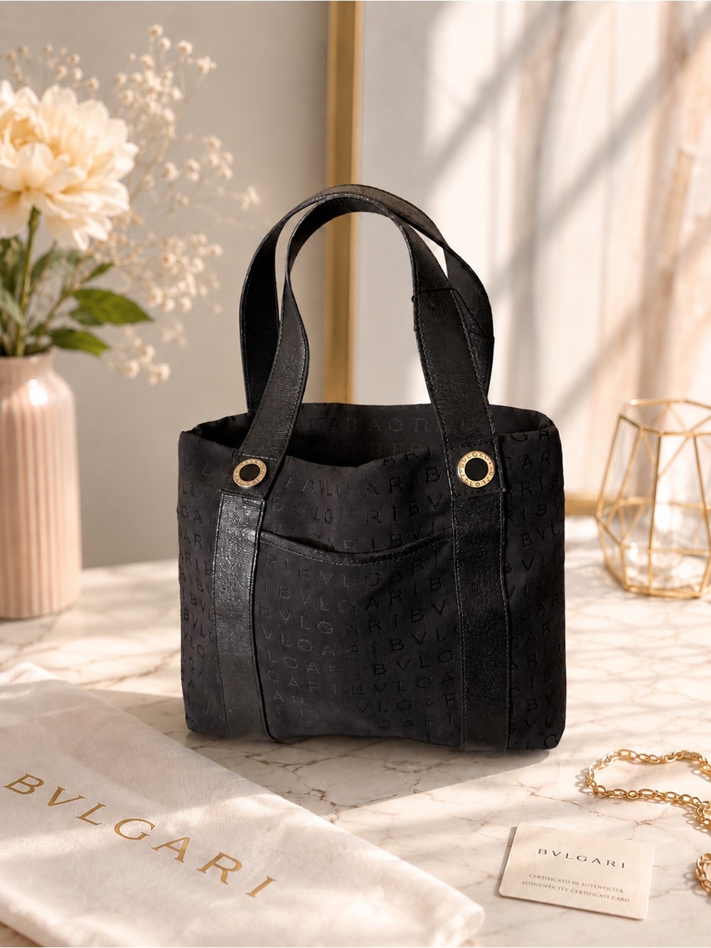 Authentic Bulgari Black Logo Jacquard Tote Bag Leather Trim COA